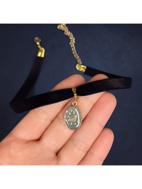 Black Velvet Choker Labradorite Pendant Planet Design Celestial Necklace Saturn - Picture 5 of 6